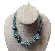 Vintage Multi-Strand twisted Turquoise Seed Bead Necklace  Wooden Floral Beads
