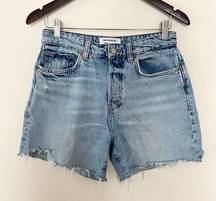 Reformation Raye Mid Rise Relaxed Jean Shorts Raw Hem Button Fly Size 25 $128