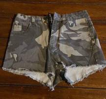 Camo Frayed Denim Short Shorts