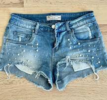 Womens distressed pearl blue Jean Shorts