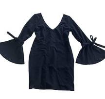 Solemio Dress Womens Large Black V-Neck Long Sleeve Bell Cuff Mini Tie Sleeve