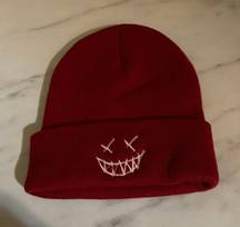 Burgundy Smiley Face Embroidery Beanie