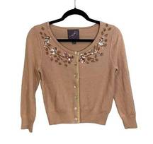 Knitted Dove Tan Sequin Embellished Long Sleeve Button Up Cardigan Sweater Small