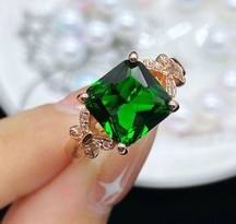 14K Rose Gold Plated Adjustable Butterfly Green Crystal Emerald Ring for Women