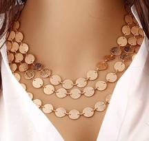 Statement Multi-Layer Gold Choker Necklace Round Charm - Sequins Gold Coin