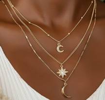 New Gold Moon And Star Layered Choker Necklace