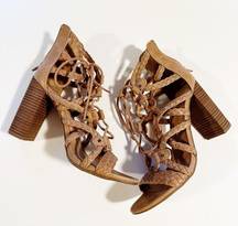 Merona  Tan Block Heel Braided Lace Up Strappy Heels