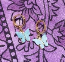 Blue Butterflies Huggy Hoop Earrings 14k Gold