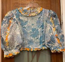 Celia B. Pensamiento Silk Short Sleeve Floral Crop Blouse Top-M