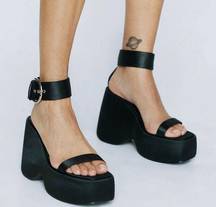 NASTY GAL Black Satin Ankle Strap Buckle Chunky Wedge Platform Sandals Size 8