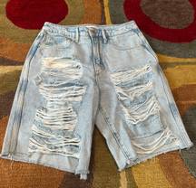 Good American 90’s Bermuda Indigo Light Wash Denim Jean Shorts Distressed Size 2