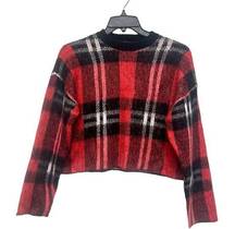 Forever 21  Fuzzy Red and Black Plaid Crop Sweater Size Small EUC ♥️🖤