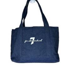 7 for All Mankind Blue Denim Shoulder Tote Bag with White Writing