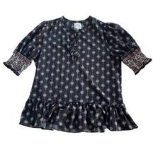 Misa Shirt Womens Medium Black White Print Smock Puff Sleeve Ruffle Hem Viscose