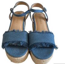 Blue Denim Straw Wedge Sandals Size 6.5