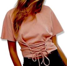 MinkPink corset lace up sweatshirt top womens large short sleeve blush pink