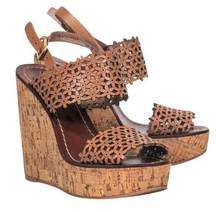 Tory Burch Daisy Perforated Leather Platform Wedge Sandals Brown Tan