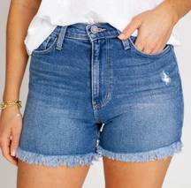 JUST BLACK HIGH WAISTED RAW EDGE DISTRESSED DENIM SHORTS