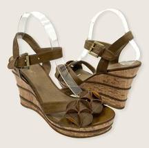 Wanted Sage Vegan Brown Floral Adjustable Buckle 4" Striped Cork Wedge Sandal 8