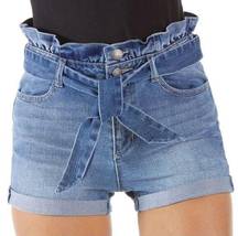 Juniors Womens Blue Spice High Waist Medium Wash Paperbag Shorts - Sz 9