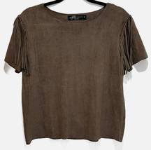 Heartbeeps Womens Neutral Short Sleeve Fringe Top, Faux Suede Blouse Tan L NWOT