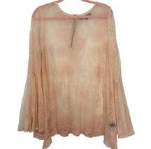 Love Stitch Boho Sheer Floral Lace Swim Cover Up Flare Sleeve Beige