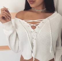 Boutique white lace up chunky knit sweater