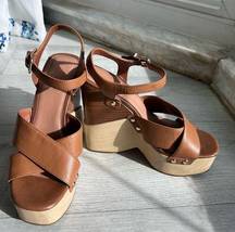 Maroew wood Wedges papaya size 8 neutral double strap heels