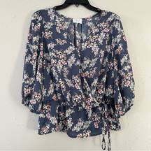 Sienna Sky 🦋  Blue Floral V-Neck Cinched Waist Cropped Blouse Large