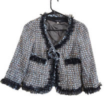 Teri Jon Rickie Freeman Tweed Woven Wool Jacket 3D Texture Blue Rosette Size 2