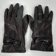 Vintage Moschino Womens Two Tone Bow Gloves 7.5 Black Brown Leather Silk Lined