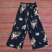 POLKA DOT FLORAL WIDE LEG PAPER BAG WAIST PANTS