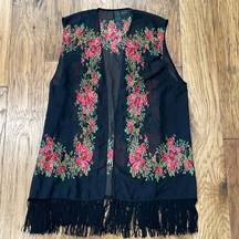 Petticoat Alley black vest with rose design and fringe hem size L