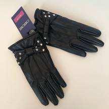 CHEROKEE Leather Like Black Rhinestone Gloves