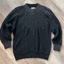 Vintage Premiere Women Lambswool Angora Faux Pearl Knit Sweater Black Large