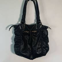 Via Spiga Women's Ruched Cow Leather Shoulder Purse Bag Black Size Large