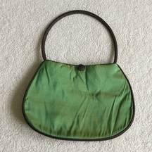 Vintage Y2K Green Silk Iridescent Purse Handbag Shoulder Bag Brown Trim