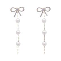 Elegant Bow White Pearl Dangle Drop Earrings for Women