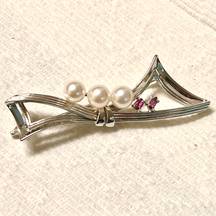 Vintage Sterling 925 Silver Pearl Pink Stones Bow Tie Brooch Pin - Signed