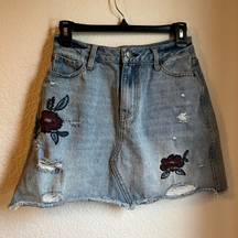 Altar'd State Distressed Denim Skirt With Embroidered Flowers