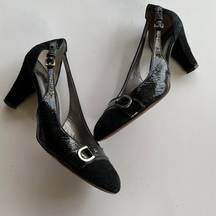 THEORY PATENT LEATHER CUTOUT HEELS WOMENS SIZE 37.5 US 7.5 BLACK‎ WEAR TO…