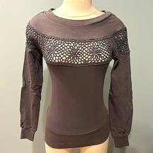 Kimchi & Blue Grey Mesh Lace Stripe Long Sleeve Sweatshirt Size XS