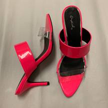 Neon Fuchsia Patent Lucite Slide Sandals Heels Size 8, Pointed Toe