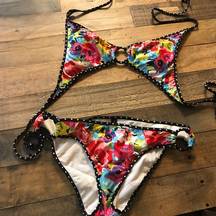 Rampage Swim Floral Triangle Ring String Bikini Bathing Suit