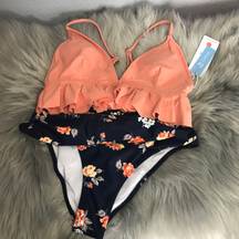 Cupshe NWT  Peach & Floral Navy Bikini Set sz S