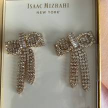 New Isaac Mizrahi Gold Bow & Tassel Earrings Round & Baguette Crystals