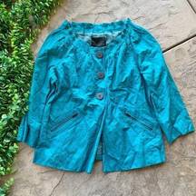 Classiques Entier Atelier Pleated Collarless Buttoned Jacket Teal Blue Size M