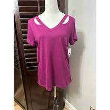 Just Be Womens T-Shirt Purple Short Sleeve V Neck Cutout Cotton Blend M New