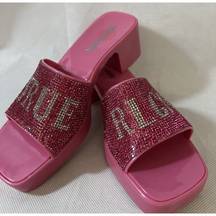 NEW many sz True Religion Pink Chunky Y2K Heel Slip-On Sandals Embellished Mule