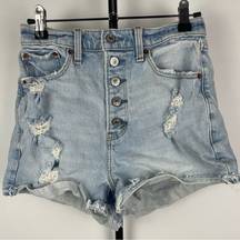 Abercrombie & Fitch Abercrombie Light Blue High Rise Mom Curve Love Button Fly Distressed Shorts